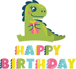 Naklejka premium Cute children's vector illustration. Birthday inscription in the style of dinosaurs. Cute raptor holds a gift 