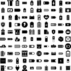 Collection Of 100 Charge Icons Set Isolated Solid Silhouette Icons Including Charger, Energy, Technology, Battery, Charge, Electric, Power Infographic Elements Vector Illustration Logo