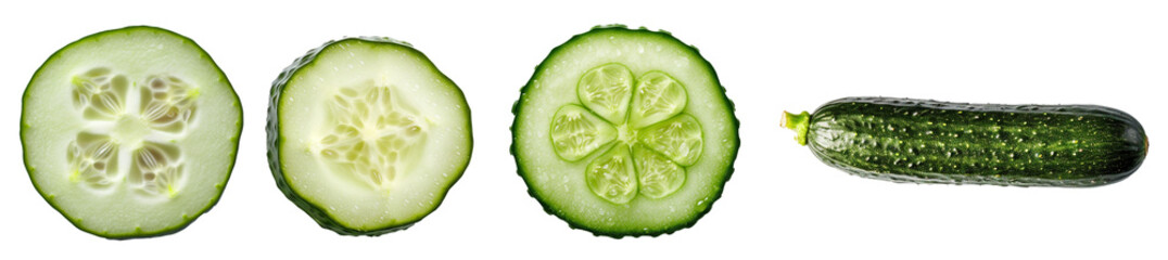 Three cucumber slices and a whole cucumber on a transparent background, Generative AI