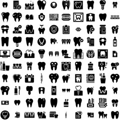 Collection Of 100 Dental Icons Set Isolated Solid Silhouette Icons Including Dental, Dentistry, Medical, Dentist, Treatment, Health, Care Infographic Elements Vector Illustration Logo