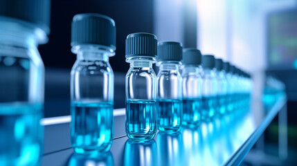 Bottles of liquid are lined up on a conveyor belt.