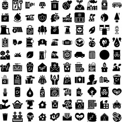 Collection Of 100 Ecology Icons Set Isolated Solid Silhouette Icons Including Eco, Plant, Environment, Nature, Green, Earth, Ecology Infographic Elements Vector Illustration Logo