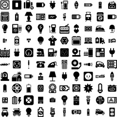 Collection Of 100 Electric Icons Set Isolated Solid Silhouette Icons Including Vehicle, Technology, Electricity, Power, Energy, Station, Car Infographic Elements Vector Illustration Logo