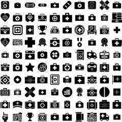 Collection Of 100 First Icons Set Isolated Solid Silhouette Icons Including Aid, Medical, Health, First, Medicine, Safety, Emergency Infographic Elements Vector Illustration Logo