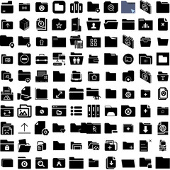 Collection Of 100 Folder Icons Set Isolated Solid Silhouette Icons Including File, Folder, Open, Design, Document, Paper, Business Infographic Elements Vector Illustration Logo