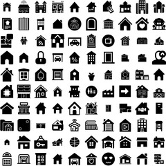 Collection Of 100 House Icons Set Isolated Solid Silhouette Icons Including Home, Architecture, House, Building, Property, Estate, Residential Infographic Elements Vector Illustration Logo