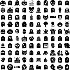 Collection Of 100 Horror Icons Set Isolated Solid Silhouette Icons Including Background, Black, Creepy, Dark, Horror, Halloween, Scary Infographic Elements Vector Illustration Logo