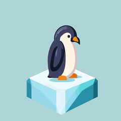 Cool cute little penguin on ice cube - flat vector art