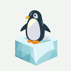 Cool cute little penguin on ice cube - flat vector art