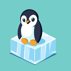 Cool cute little penguin on ice cube - flat vector art