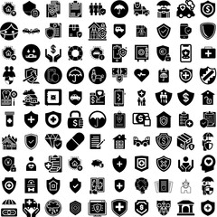 Collection Of 100 Insurance Icons Set Isolated Solid Silhouette Icons Including Service, Family, Health, Finance, Protect, Safety, Business Infographic Elements Vector Illustration Logo