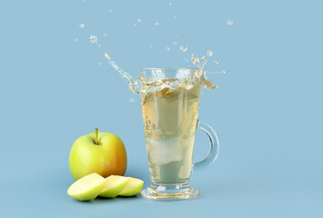 Glass of tasty cider with splashes, ice cube and apples on blue background
