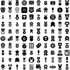 Collection Of 100 Medal Icons Set Isolated Solid Silhouette Icons Including Medal, Award, Victory, Winner, Achievement, Champion, Illustration Infographic Elements Vector Illustration Logo