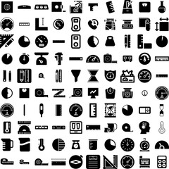 Collection Of 100 Measure Icons Set Isolated Solid Silhouette Icons Including Meter, Ruler, Measure, Tape, Length, Tool, Measurement Infographic Elements Vector Illustration Logo