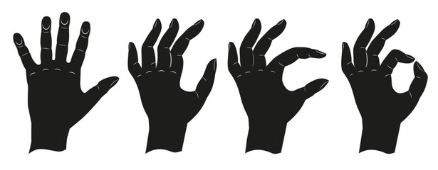 Hands show the sign everything is fine. Hands filled with black paint. Vector illustration.