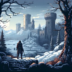Medieval knight in a winter landscape and looking at a ruined castle, pixel art. generative AI	
