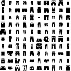 Collection Of 100 Pants Icons Set Isolated Solid Silhouette Icons Including Trousers, Garment, Pants, Fashion, Casual, Clothing, Wear Infographic Elements Vector Illustration Logo