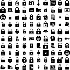 Collection Of 100 Padlock Icons Set Isolated Solid Silhouette Icons Including Safety, Secure, Privacy, Lock, Safe, Padlock, Protection Infographic Elements Vector Illustration Logo