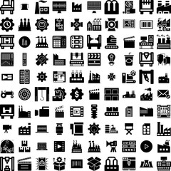 Collection Of 100 Production Icons Set Isolated Solid Silhouette Icons Including Background, Set, Technology, Work, Production, Industry, Equipment Infographic Elements Vector Illustration Logo