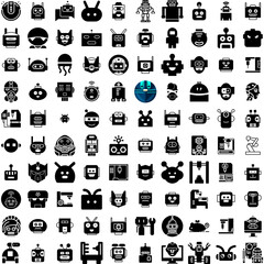 Collection Of 100 Robot Icons Set Isolated Solid Silhouette Icons Including Machine, Futuristic, Science, Future, Robotic, Robot, Technology Infographic Elements Vector Illustration Logo