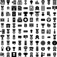 Collection Of 100 Reward Icons Set Isolated Solid Silhouette Icons Including Star, Gift, Vector, Bonus, Reward, Win, Icon Infographic Elements Vector Illustration Logo