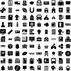 Collection Of 100 School Icons Set Isolated Solid Silhouette Icons Including Education, Book, Student, Background, Back, School, Study Infographic Elements Vector Illustration Logo