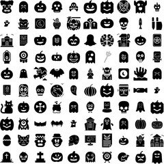 Collection Of 100 Scary Icons Set Isolated Solid Silhouette Icons Including Background, Scary, Night, Halloween, Spooky, Dark, Horror Infographic Elements Vector Illustration Logo