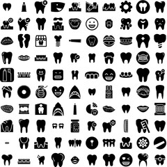 Collection Of 100 Teeth Icons Set Isolated Solid Silhouette Icons Including Care, Tooth, Mouth, Health, Dental, Healthy, Smile Infographic Elements Vector Illustration Logo