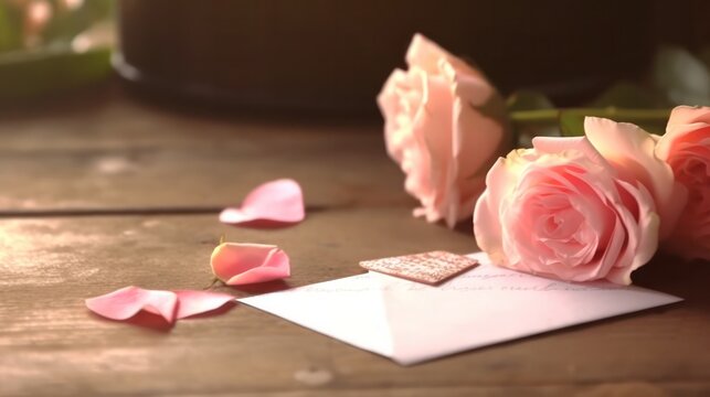 Love letter notebook and pink roses on a wooden table. concept of valentine's day or holiday greetings.Generative AI
