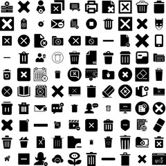 Collection Of 100 Delete Icons Set Isolated Solid Silhouette Icons Including Delete, Icon, Vector, Web, Design, Symbol, Trash Infographic Elements Vector Illustration Logo