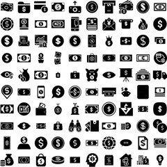 Collection Of 100 Dollar Icons Set Isolated Solid Silhouette Icons Including Banking, Currency, Business, Dollar, Money, Bank, Finance Infographic Elements Vector Illustration Logo