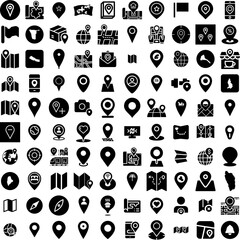 Collection Of 100 Location Icons Set Isolated Solid Silhouette Icons Including Location, Pin, Sign, Vector, Icon, Symbol, Place Infographic Elements Vector Illustration Logo