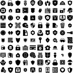 Collection Of 100 Protection Icons Set Isolated Solid Silhouette Icons Including Protect, Concept, Shield, Technology, Secure, Safety, Protection Infographic Elements Vector Illustration Logo