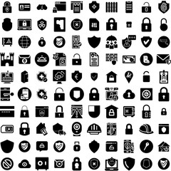 Collection Of 100 Security Icons Set Isolated Solid Silhouette Icons Including Internet, Privacy, Protection, Computer, Security, Technology, Secure Infographic Elements Vector Illustration Logo
