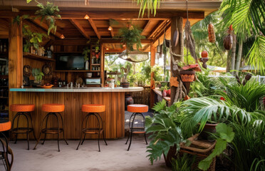 Fototapeta na wymiar outdoor entertainment area with lush, tropical plants, colorful accents, and a tiki bar - Generative AI