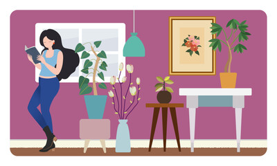観葉植物がたくさんのお洒落な部屋で読書をしている女性のベクター素材
