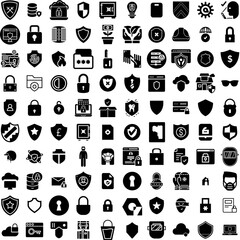 Collection Of 100 Protection Icons Set Isolated Solid Silhouette Icons Including Protect, Concept, Technology, Secure, Safety, Protection, Shield Infographic Elements Vector Illustration Logo