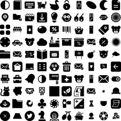 Collection Of 100 Black Icons Set Isolated Solid Silhouette Icons Including Backdrop, Design, Abstract, Black, Dark, Texture, Background Infographic Elements Vector Illustration Logo