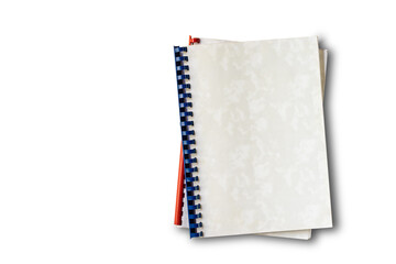 Top view of old plastic ring binding notepad paper files isolated on white background with clipping...
