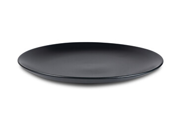 High angle view of single new black empty ceramic plate isolated on white background with clipping path.