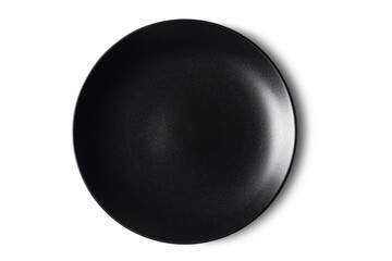 Top view of single new empty black ceramic plate isolated on white background with clipping path.