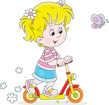 Happy little girl riding a toy scooter and playing with a merry butterfly on a playground in a park on summer vacation, vector cartoon illustration isolated on white