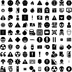 Collection Of 100 Danger Icons Set Isolated Solid Silhouette Icons Including Risk, Caution, Icon, Safety, Danger, Sign, Hazard Infographic Elements Vector Illustration Logo