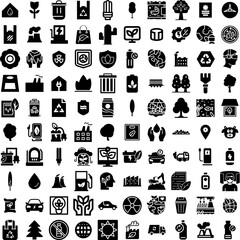 Collection Of 100 Environment Icons Set Isolated Solid Silhouette Icons Including Environment, Tree, Green, Nature, Plant, Concept, Ecology Infographic Elements Vector Illustration Logo