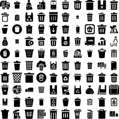 Collection Of 100 Garbage Icons Set Isolated Solid Silhouette Icons Including Trash, Garbage, Rubbish, Pollution, Waste, Plastic, Ecology Infographic Elements Vector Illustration Logo