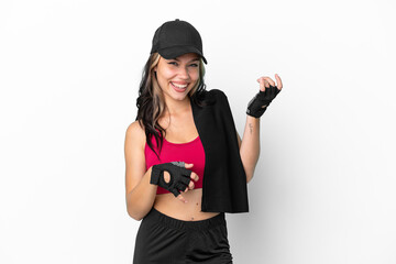 Sport Russian girl with hat and towel isolated on white background making guitar gesture