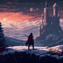 Medieval knight in a winter landscape and looking at a ruined castle, pixel art. generative AI	
