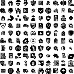 Collection Of 100 Insurance Icons Set Isolated Solid Silhouette Icons Including Finance, Health, Safety, Protect, Family, Business, Service Infographic Elements Vector Illustration Logo