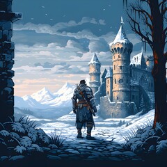Medieval knight in a winter landscape and looking at a ruined castle, pixel art. generative AI	
