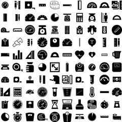 Collection Of 100 Measure Icons Set Isolated Solid Silhouette Icons Including Meter, Tool, Ruler, Measurement, Measure, Tape, Length Infographic Elements Vector Illustration Logo